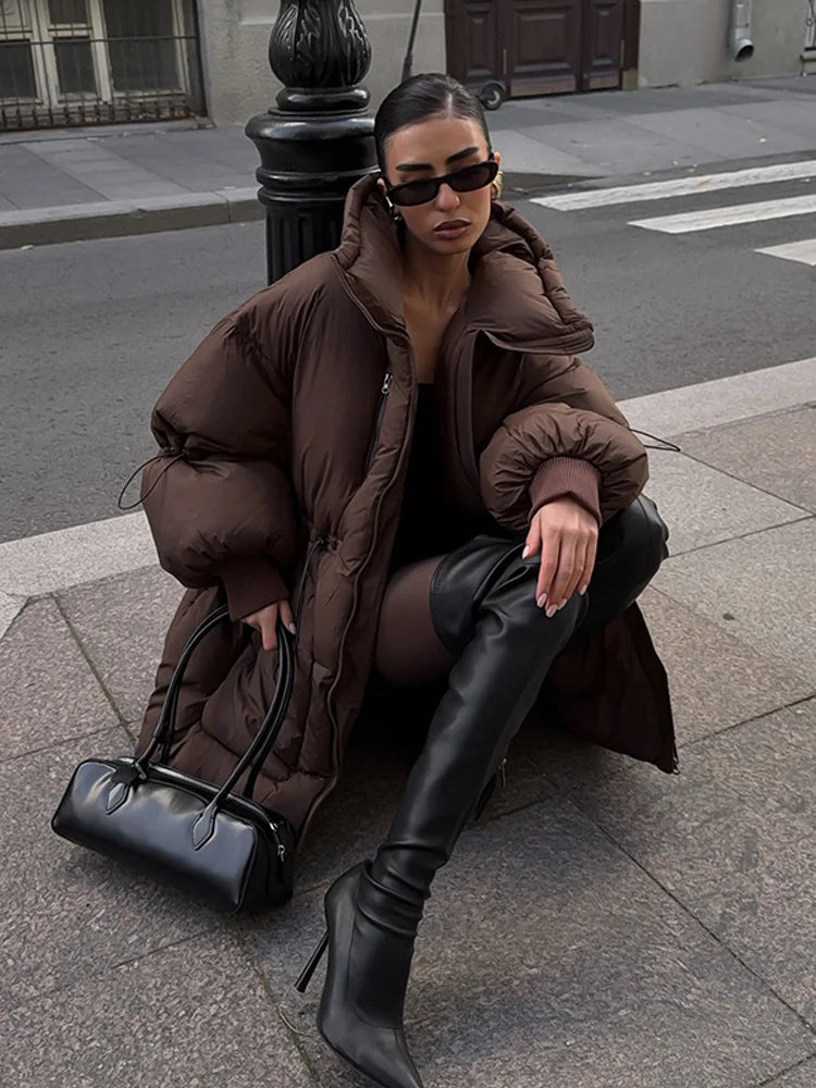 Brown oversized quilted coat for women with high collar, winter