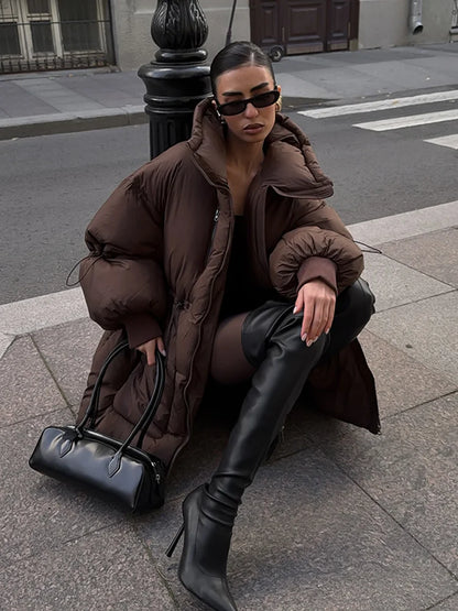 Brown oversized quilted coat for women with high collar, winter