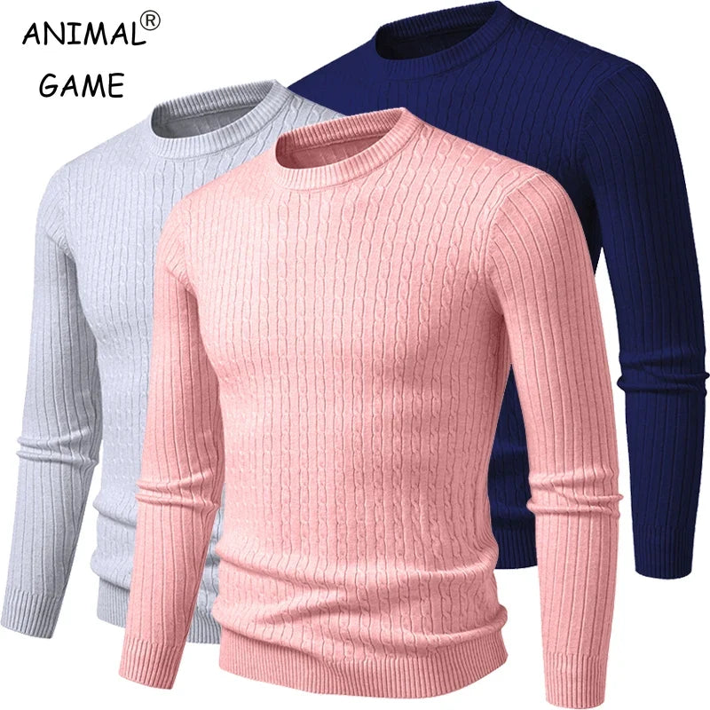 Men's knitted crew-neck cable-knit long-sleeve sweater
