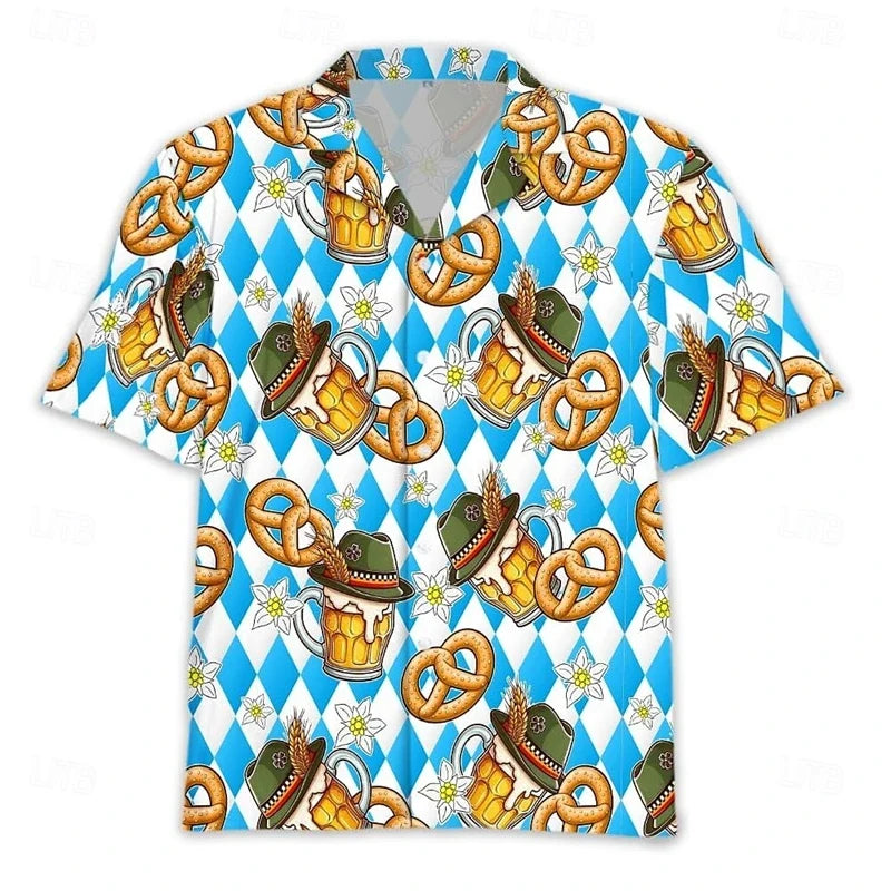 Men's Oktoberfest shirt, short sleeves, beer, pretzel, and sausage design
