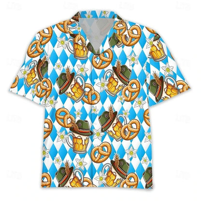 Men's Oktoberfest shirt, short sleeves, beer, pretzel, and sausage design