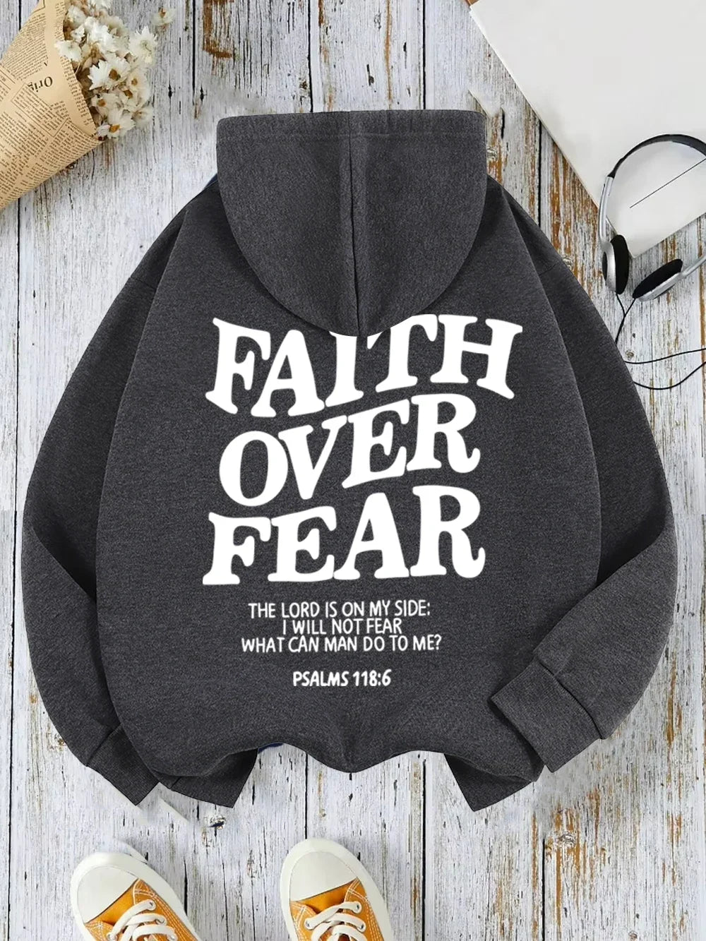Hoodie with "Faith Over Fear" lettering and Bible quote, oversized hoodie