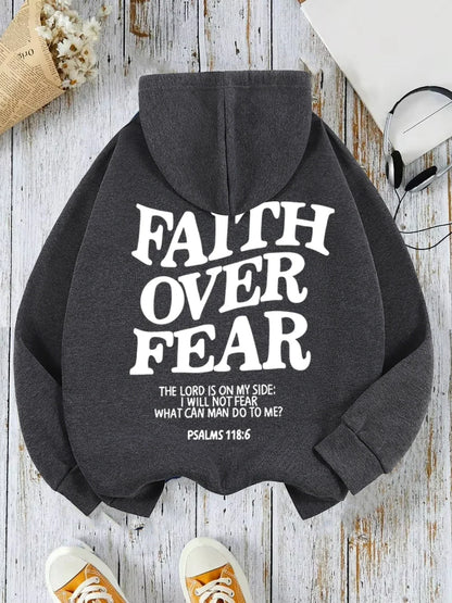Hoodie with "Faith Over Fear" lettering and Bible quote, oversized hoodie