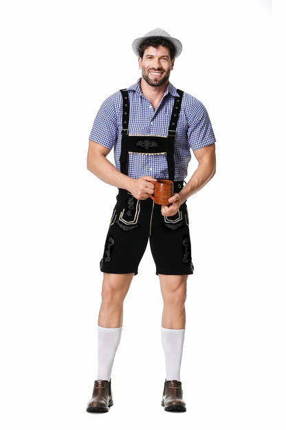 Men’s traditional outfit: lederhosen, shirt, hat, quilted details, various colors