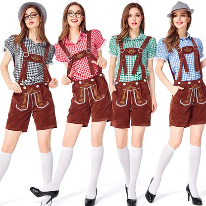 Women's Oktoberfest costume set: dirndl, lederhosen shorts, and checked shirt