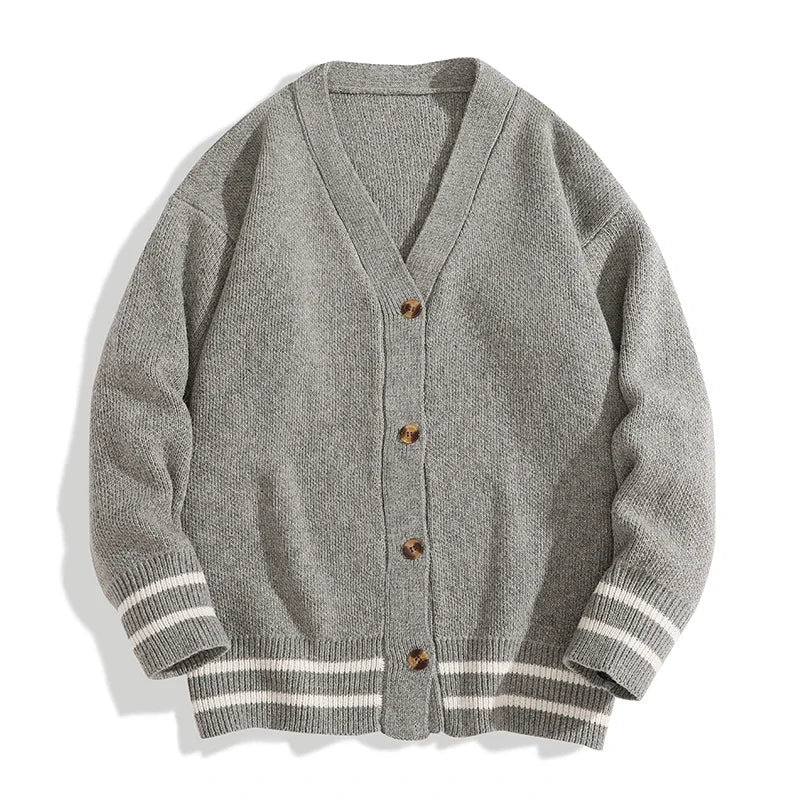 Unisex V-neck cardigan with striped sleeves and button placket