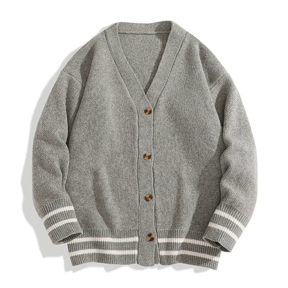 Unisex V-neck cardigan with striped sleeves and button placket