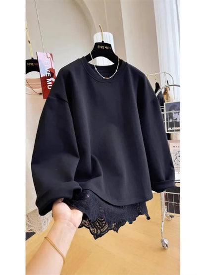 Damen Sweatshirt mit Spitzen-Layering und Rückenschlitz