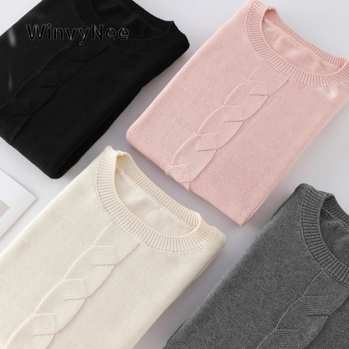 Women's Crew-Neck Knit Sweater with Cable-Knit Pattern