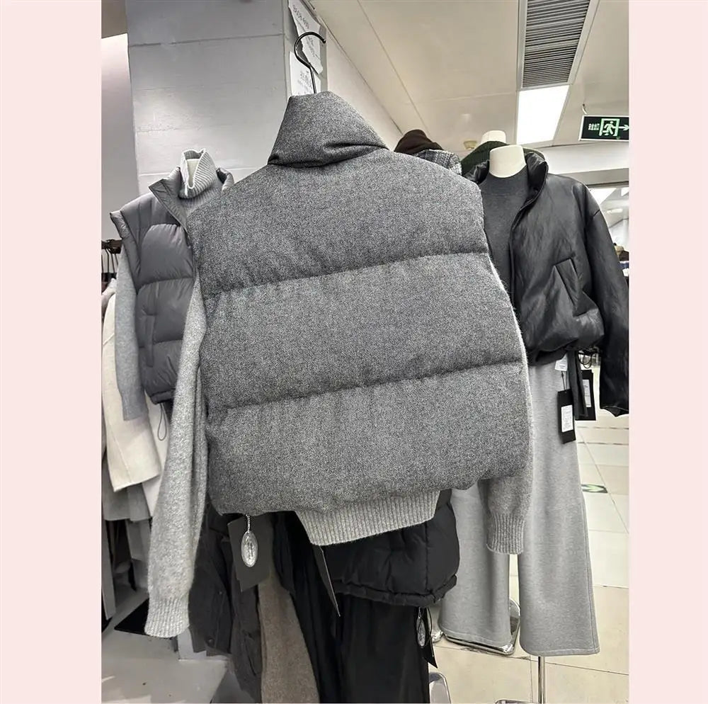 Women's Quilted Vest Gray High Collar Sleeveless Jacket
