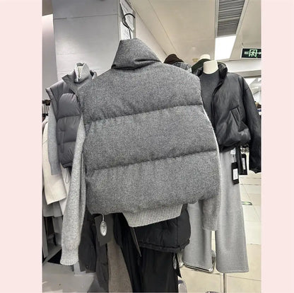 Women's Quilted Vest Gray High Collar Sleeveless Jacket