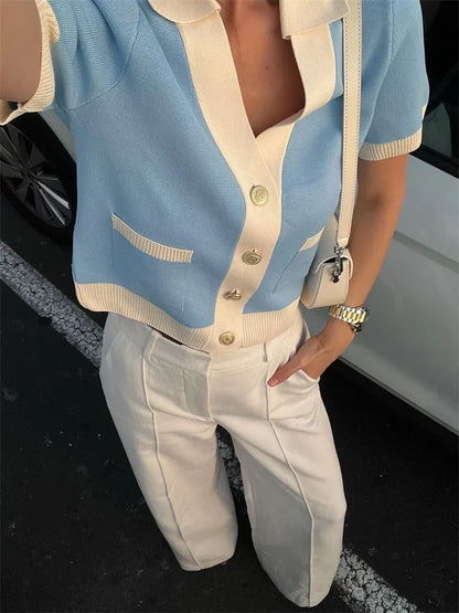Short-Sleeved Knit Top with Collar and Buttons, Light Blue