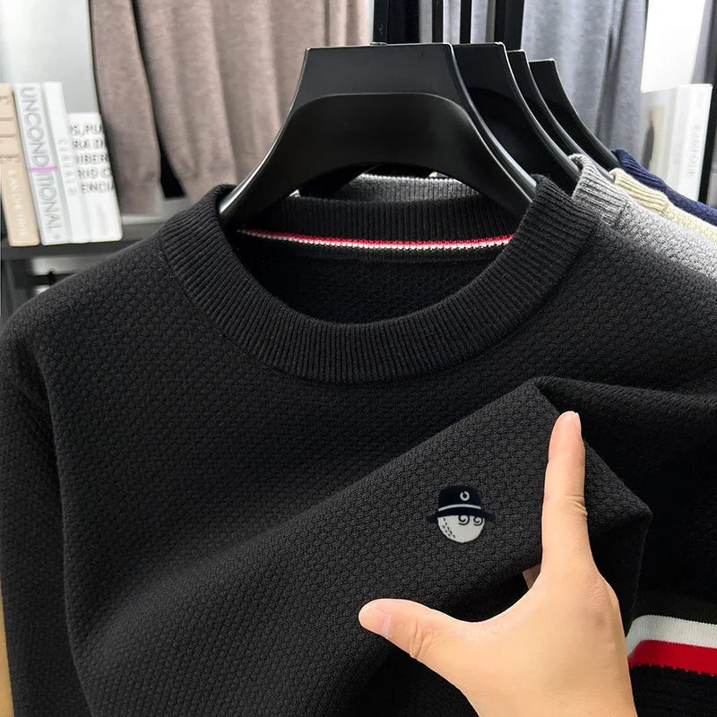 Men's crew-neck pullover with honeycomb texture and stripe detail