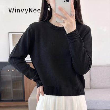 Women's Light Blue Fine-Knit Crew-Neck Long-Sleeve Sweater