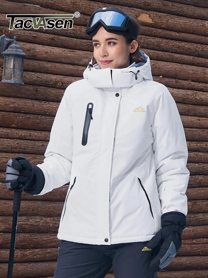 Women's winter outdoor jacket with hood and zippered pockets