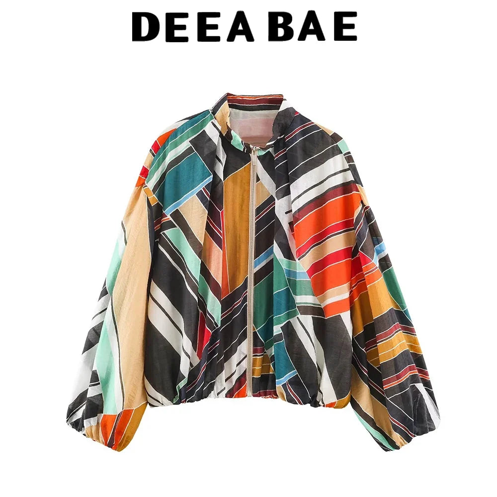 Damen Bluse Jacke Stehkragen Reißverschluss Bauschärmel Gestreift