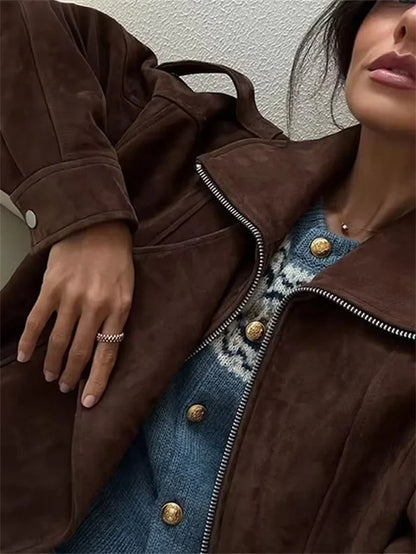Women's suede-look biker jacket asymmetric zipper