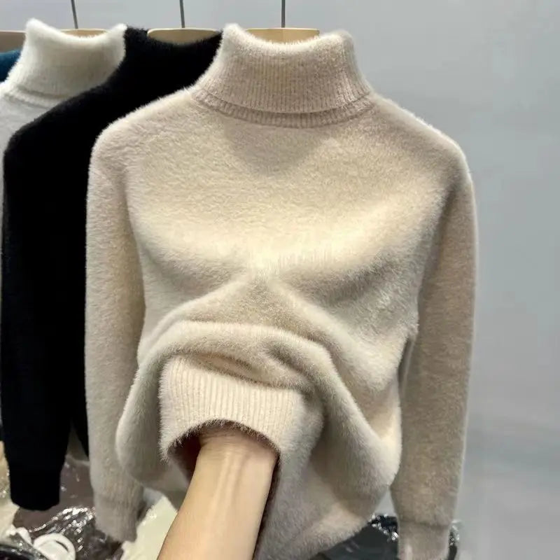 Soft women's turtleneck sweater long sleeves knitted sweater fuzzy sweater