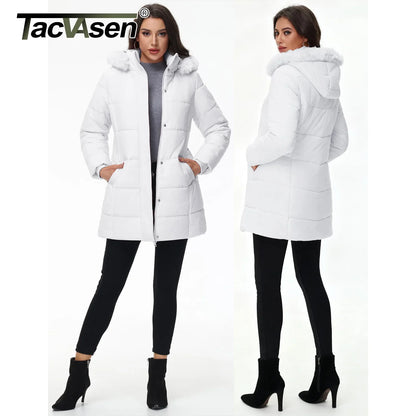 Damen Winter Steppmantel mit Kapuze, Teddyfutter und Kunstpelzbesatz
