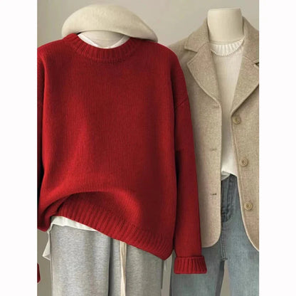 Ribbed crew-neck knit sweater, loose fit, multicolored
