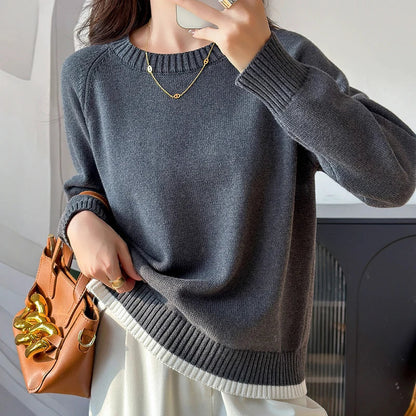 Women's crew-neck long-sleeve knit sweater with ribbed cuffs, light blue