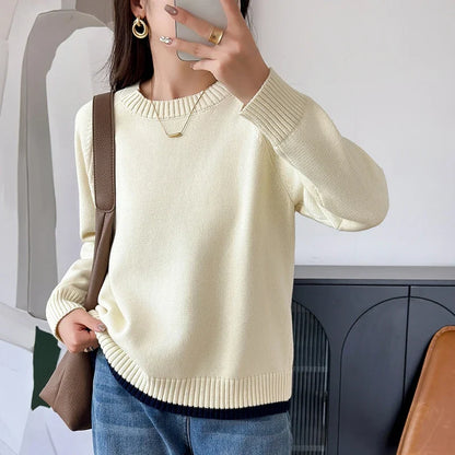 Women's crew-neck long-sleeve knit sweater with ribbed cuffs, light blue