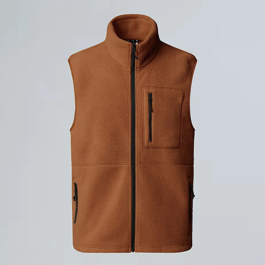 Unisex fleece vest with stand-up collar, zipper, and chest pocket