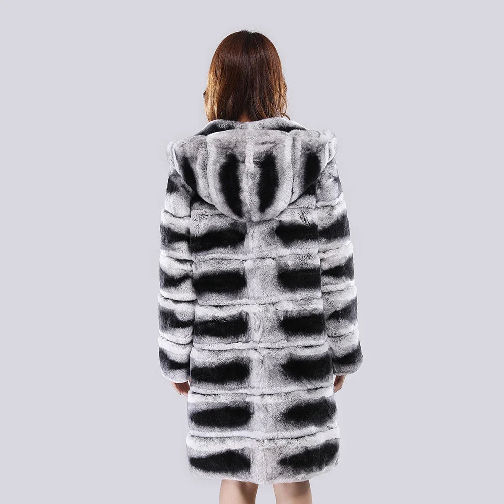 Women's coat with hood, striped, gray-black