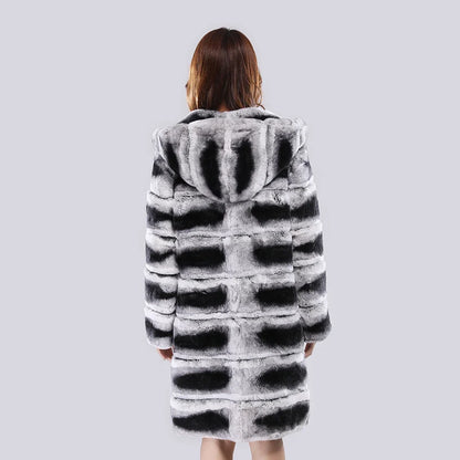 Women's coat with hood, striped, gray-black