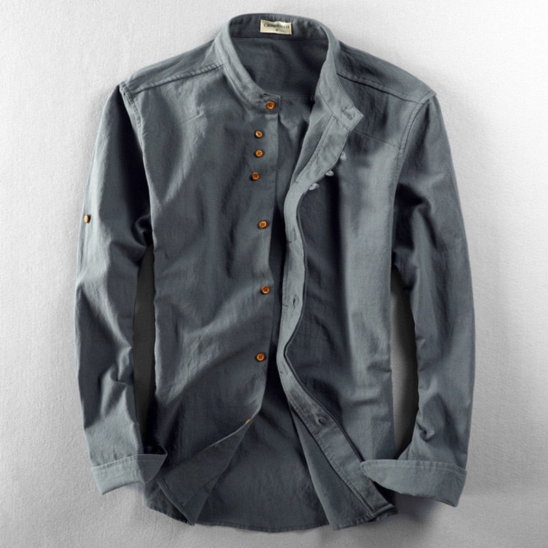 Men's Stand Collar Casual Shirt Vintage Style – Modern Long Sleeve Shirt for Everyday and Business