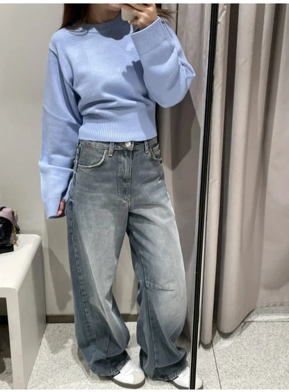 Damen Cropped Pullover Rundhals Langarm