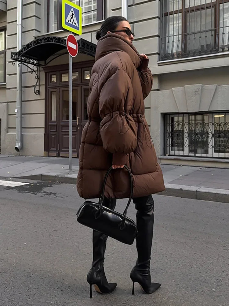 Brown oversized quilted coat for women with high collar, winter