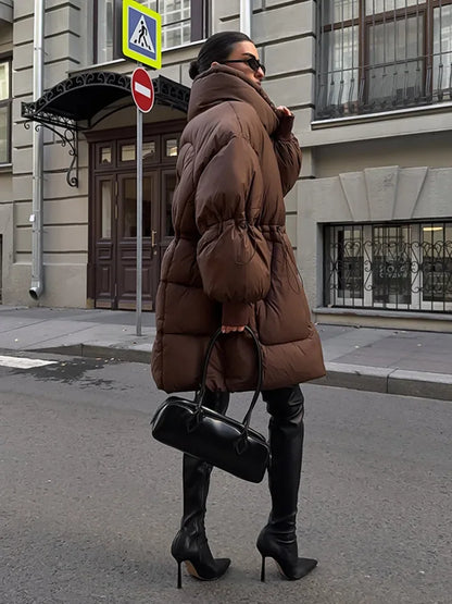 Brown oversized quilted coat for women with high collar, winter