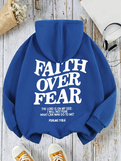 Hoodie with "Faith Over Fear" lettering and Bible quote, oversized hoodie