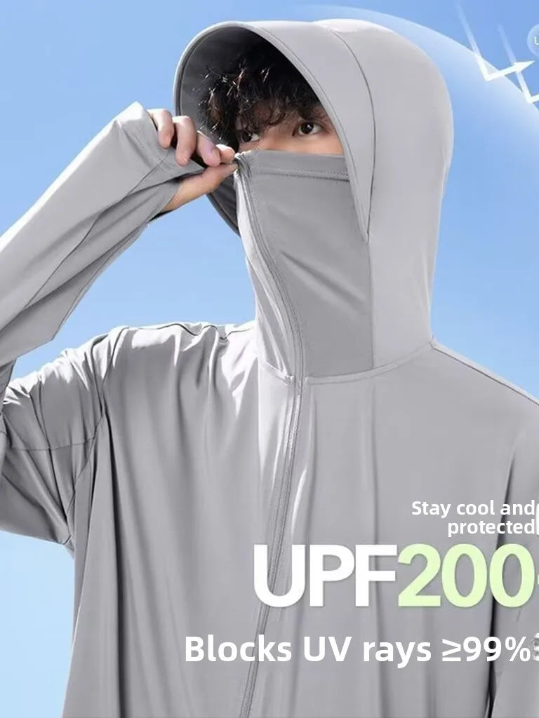 UV-protection jacket with hood and face mask, zipper, for men
