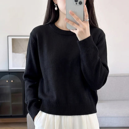 Women's Light Blue Fine-Knit Crew-Neck Long-Sleeve Sweater
