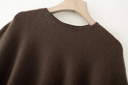 Women's poncho sweater, elegant crew-neck knitted poncho in black or brown