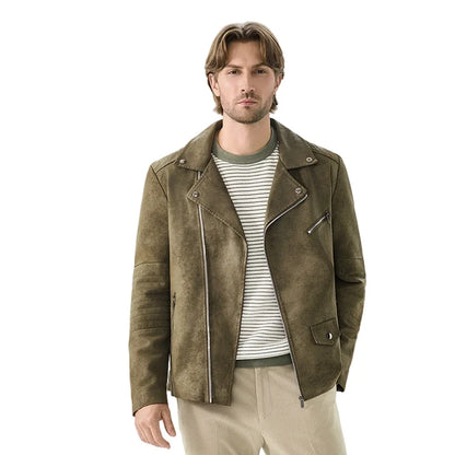 Men's biker jacket in suede look with zippers, brown