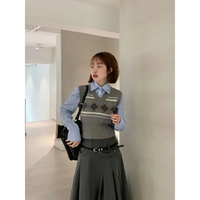 Women's gray midi pleated skirt with argyle knitted vest and shirt set