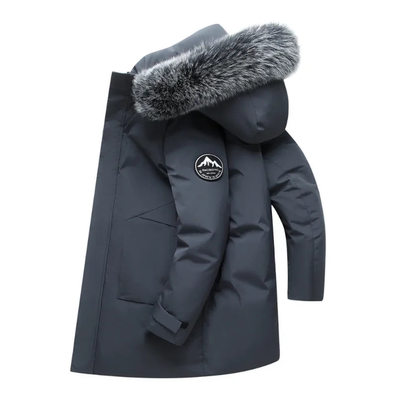 Men's winter parka with hood and faux fur collar, long winter jacket