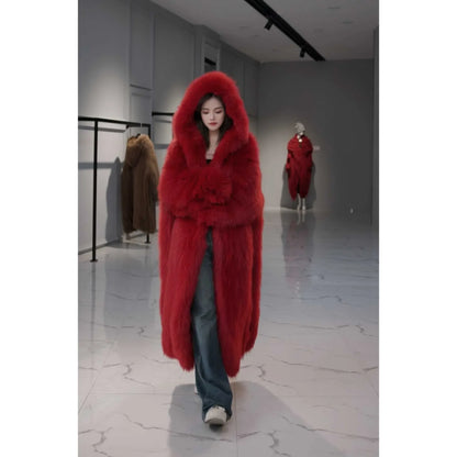 Long hooded coat with faux fur look