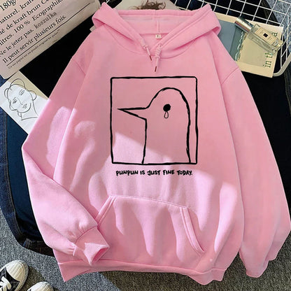 Hoodie or sweatshirt with cartoon bird motif, "Punpun is just fine today" print