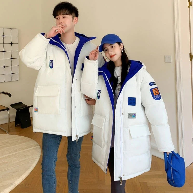Unisex Winter Steppjacke lang gefüttert mit Kapuze Schwarz Blau