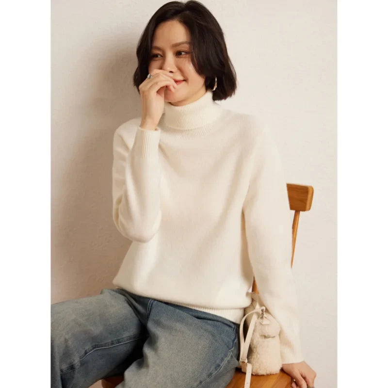 Women's long-sleeved turtleneck knitted sweater, warm, solid color