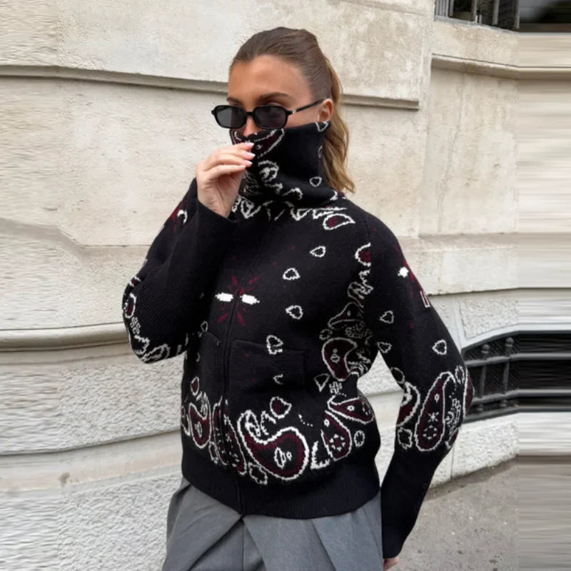 Women's knitted cardigan with a zipper, high collar, and bandana pattern