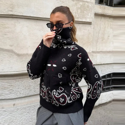 Women's knitted cardigan with a zipper, high collar, and bandana pattern