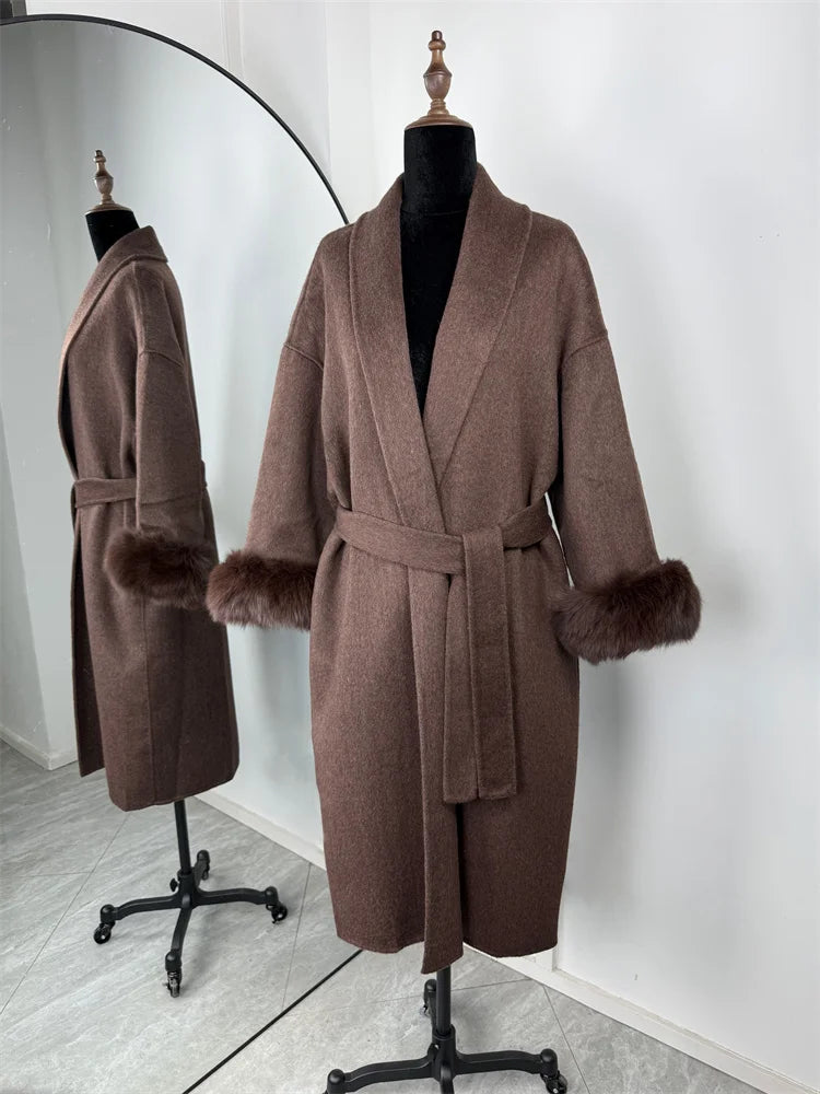 Short women's wrap coat with faux-fur sleeves and tie belt
