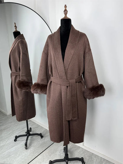 Short women's wrap coat with faux-fur sleeves and tie belt