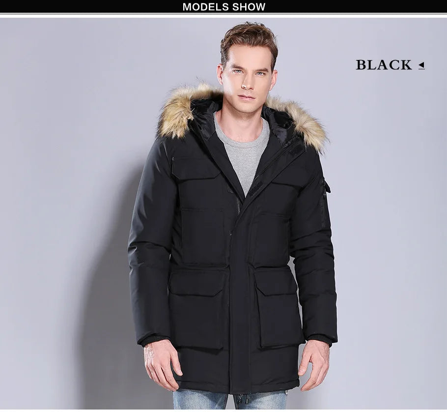 Herren Winterparka Schwarz mit Kapuze und Fellimitatbesatz