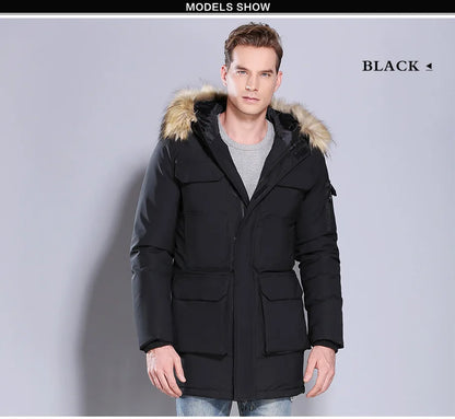 Herren Winterparka Schwarz mit Kapuze und Fellimitatbesatz